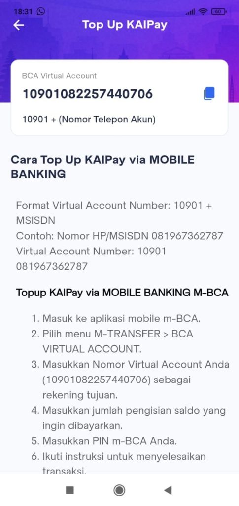 Isi Saldo KAIPay Melalui Mobile Banking